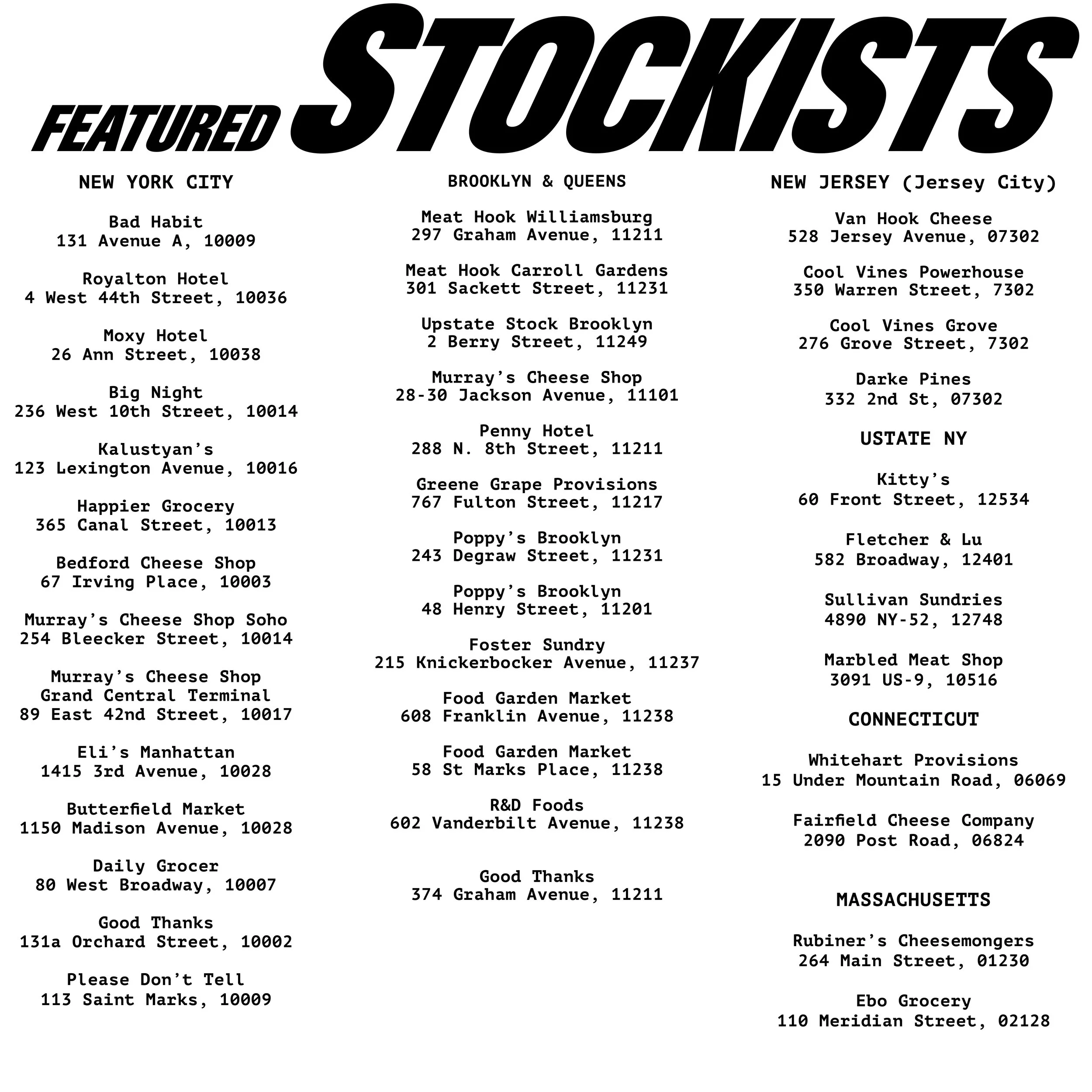 STOCKISTS — BAD HABIT